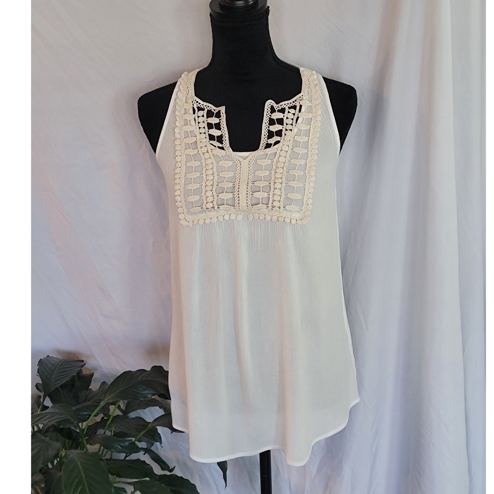 Market & Spruce Ivory White Crochet Lace Bib Sleeveless Tank Top Blouse XS